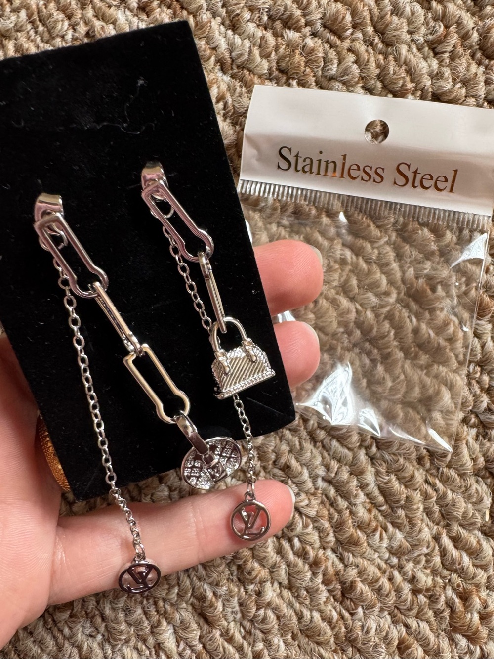 Silver-Tone Women’s Charm Chain Earrings — Stainless Steel
